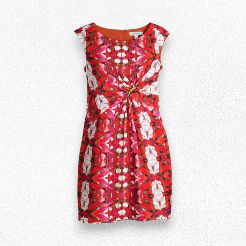 Anne Klein Red Pink Tie Dye Abstract Bodycon Sheath Knee Length Dress Size 6